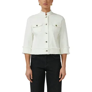 Kurzblazer S.OLIVER BLACK LABEL, Damen, Gr. 36, cream, Web, Obermaterial: 50% Baumwolle, 40% Viskose, 8% Polyester, 2% Elasthan, unifarben, lässig geschnitten hüftlang, Rundhals, leicht ausgefranste Kante, Blazer Kurzblazer, 3/4-Arm mit Fransen und goldener Knopfleiste