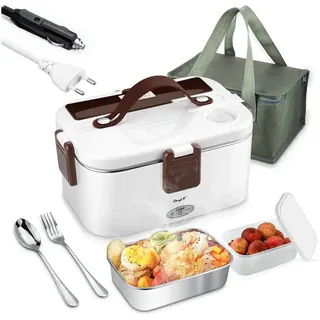 CkeyiN Elektrische Lunchbox 3 in 1 für Zuhause und Auto, 1,8 L, schnelles Erhitzen von Speisen, mit getrennter Fach, Kunststoffbox, Edelstahlgabel weiß