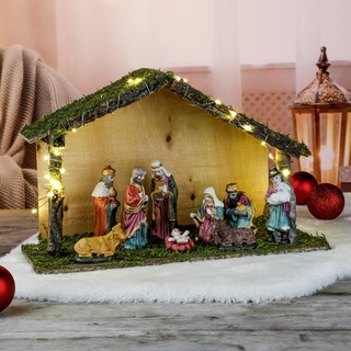 X-Mas Weihnachtskrippe, Holz, 40x25.5x16 cm, Beleuchtung, Dekoration, Saisonartikel, Weihnachtsdekoration