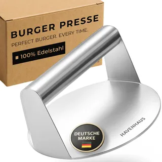 HAVENHAUS Burgerpresse Edelstahl 14,5cm ø I Burger Smasher ideal für Smash Burger I Smash Burgerpresse ohne ankleben I Hamburgerpresse, Edelstahl Burger Presse I Patty Presse Smash Burger
