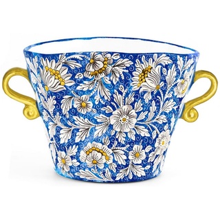 Casa Padrino Luxus Keramik Blumentopf mit 2 Tragegriffen Blau / Mehrfarbig Ø 27 x H. 20 cm - Handgefertigter & handbemalter Keramik Pflanzentopf - Luxus Qualität - Made in Italy