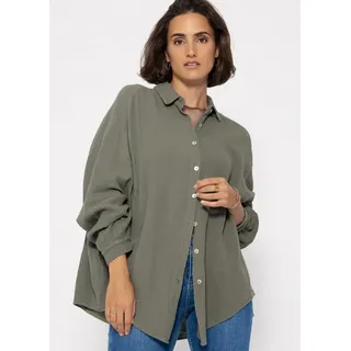 SASSYCLASSY Longbluse Oversize Musselin Bluse Damen kurz Langarm Elegant Hemdbluse lang aus Baumwolle mit V-Ausschnitt, One Size (Gr. 36-48) beige