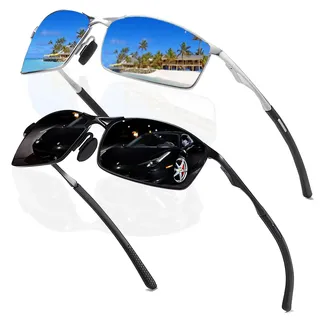 2 Stück Polarisiert Sonnenbrille Herren Outdoor,Sportbrille HD View Polar Sunglasses Men Metallrahmen Fahrerbrille Schwarz Blaue Gläser Pilotenbrille Herren Klassische Retro 100% UV400 Schutz
