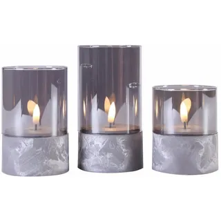 3er Set LED Kerzenlicht aus Glas Sockel Steinoptik Ø 8 cm Timer Batterie Deko