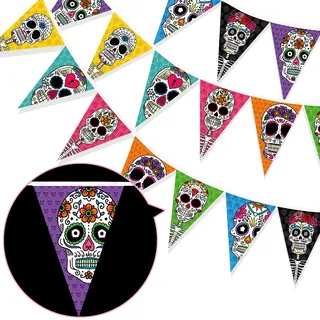 HOWAF Mexiko Fiesta Banner Tag des Toten Wimpelkette Totenkopf Banner Halloween Dia De Los Muertos Wimpel Girlande für Cinco De Mayo Fiesta Horror Halloween Deko Tag der Toten