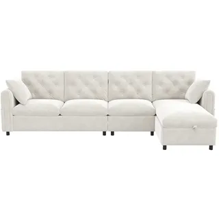 OKWISH Ecksofa 281x132x86 mit Stauraum Schlaffunktion L-Form Schlafsofa modern Samt Sofa Wohnlandschaft mit Seitentasche robust Beige