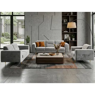 Beautysofa Polstergarnitur im modernen Stil auf hohen Metallbeinen VENEZIA, (Sessel + 2-Sitzer Sofa + 3-Sitzer Sofa im modernes Design), mit Metallbeine, Couchgarnituren aus Velours oder Chenille grau