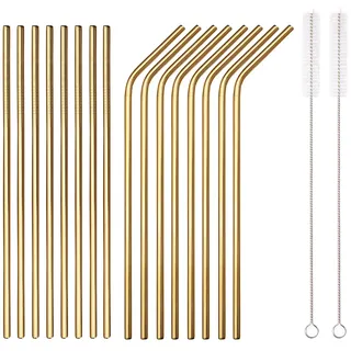HOMQUEN 18-teilige Gold-Trinkhalme aus Edelstahl, wiederverwendbare 8,5-Zoll-Trinkhalme, mit Tragetasche, Geeignet für Wein und kalte Getränke (8 gerade / 8 gebogene / 2 Bürsten)