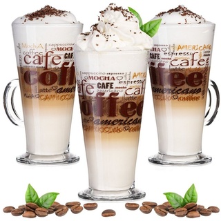 PLATINUX Latte-Macchiato-Glas Kaffeegläser mit Kaffee-Motiv, Glas, mit Griff Set 3-Teilig 200ml (max. 280ml) Glas Latte Macchiato Gläser weiß