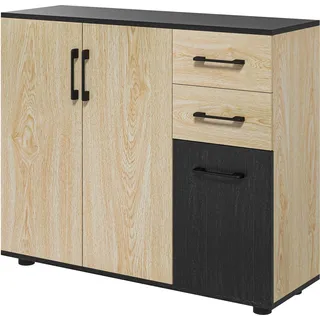HOMCOM Aufbewahrungsschrank, Sideboard, Küchenschrank, 2 Schränke, verstellbares Regal, 2 Schubladen, zeitgenössischer Stil, für Wohnzimmer, Küche, Esszimmer, 90 x 30 x 75,5 cm, Natur Schwarz   Aosom