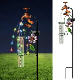 YNGFIL Dekorativer Regenmesser Gartenstecker mit Schmetterlings- und Blumen-Design, Kupferhahn-Stil, Metall-Gartendekoration