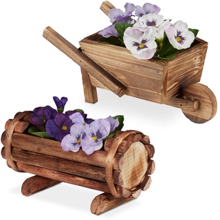 Relaxdays Pflanzengefäß Holz, 2 Stück, Pflanzschubkarre & halbes Blumenfass, Gartendeko, zum Bepflanzen, rustikal, Natur