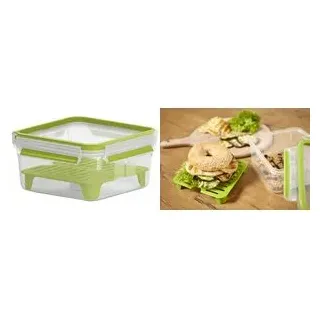 emsa XL Sandwichbox CLIP & GO, 1,3 Liter, transparent / grün quadratisch, mit Gittereinsatz, 100% dicht mit Clip - 1 Stück (3110600386)
