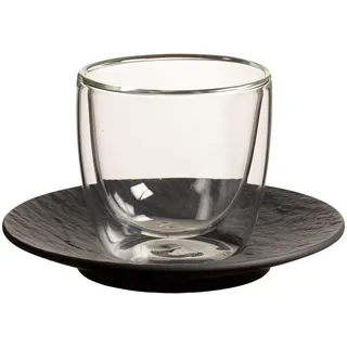 Villeroy & Boch Manufacture Rock Espresso-Set, Doppelwandiger Becher 70 ml mit Untertasse ø 12 cm, Hitzebeständiges Thermoglas, Borosilikatglas/Premium Porzellan, Schwarz