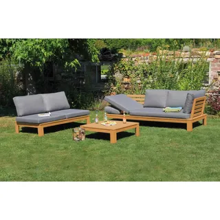 Acamp Loungegarnitur, Teak, Grau, Textil, Holz, Akazie, Uni, Füllung: Schaumstoff, Fleece,Schaumstoff, Fleece, 221x65x85 cm, wetterbeständig, UV-beständig, lichtecht, Loungemöbel, Gartenlounge-Sets
