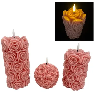 online fuchs 3 LED Kerzen im Set aus Echtwachs mit 6-Stunden Timerfunktion und filigranen Rosenblüten in 3D-Optik - Creme und Altrosa (Altrosa)
