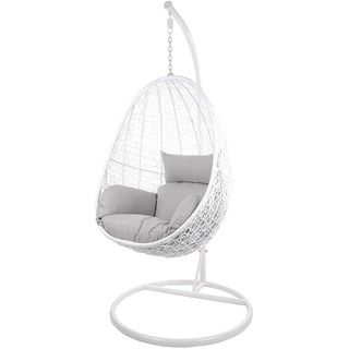 Kideo Swing Chair, Lounge-Möbel, Loungesessel Polyrattan, Hängestuhl, Hängesessel mit Gestell & Kissen (weiß/grau)
