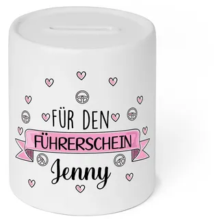 Personalisierbare Spardose für den Führerschein mit Namen | Perfekt für Mädchen | Hochwertige Keramik Spardose mit femininem Design | Geschenkidee