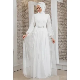 fashionshowcase Brautkleid Ecru-Weiß – Langärmliges Maxikleid aus Tüll mit Schmuckgürtel inklusive Gürtel mit Schmucksteinen