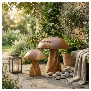 LebensWohnArt Dekoobjekt 2er Set Teak-Deko-Pilze JAMUR 35cm natürliche Holzdeko Garten