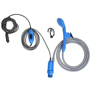 ProPlus Mobile Campingdusche 12V – Tragbare Outdoor Dusche für Camping, Wohnmobil und Reise – Tauchpumpe, 2 m Schlauch, Wassersack – Grau/Blau