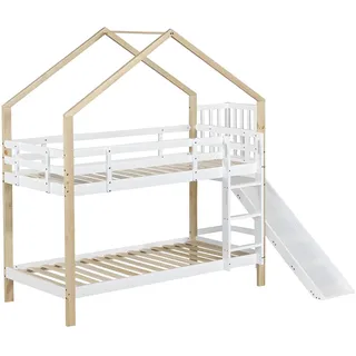 Hochbett Hausbett, Etagenbett mit Rutsche und dreistufiger Winkelaufstiegsleiter, Kinderbett mit Absturzsicherung, Bettrahmen aus Massivholz,A