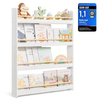 Songmics Bücherregal für Kinderzimmer, mit 4 Ebenen, weiß-naturfarben