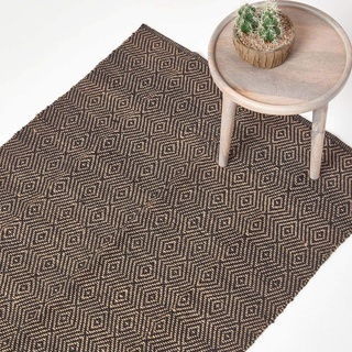 Homescapes Naturfaser Teppich Vorleger 60 x 100 cm 100% Jute Teppich schwarz beige geometrisches Muster Raute