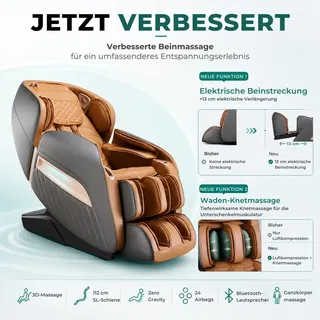 NAIPO Massagesessel A350PRO, 3D SL-Track Shiatsu, Zero-Gravity, 15 Programme, 24 Airbags, Wadenverlängerung, Wärme, Bluetooth & USB - Braun