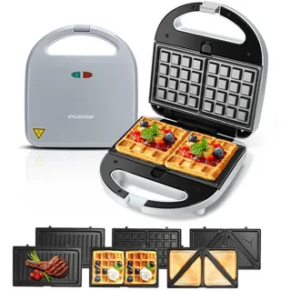 Aigostar 3-in-1-Kombi-Waffeleisen 750 W Sandwichmaker, 3 Austauschbare Platten, Beidseitiges Grillen, 750,00 W, Antihaftbeschichtet, Automatisches Thermostat, Wärmeisolierender Griff grau
