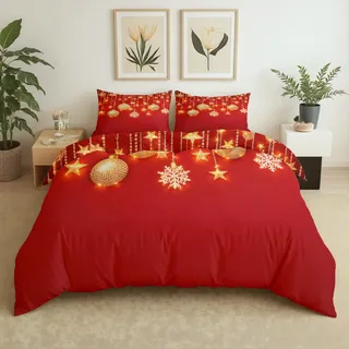 3tlg Bettwäsche 135x200cm Weihnachtskugeln, Schneeflocken, Sterne - aus Bügelfrei & Knitterfrei Bettbezug Set mit 80x80 cm Kissenbezug 2er, Luxus Weihnachten Rot Bettwasche mit Reißverschluss