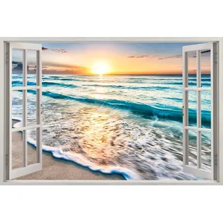 HUBDECO - Wandtattoo - Wanddeko - Selbstklebende Folie - Wandsticker - Fototapete 3d Effekt - Selbstklebende Tapete - Fenster & Meer Motiv - Meer Sonnenuntergang - 90x60cm