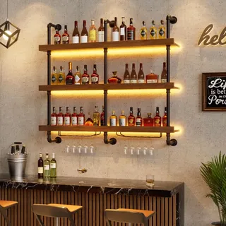 Weinregal Schwebende Wandregal Massivholz mit LED-Beleuchtung, 120*120cm Weinpareite Display Rack für Bars/Restaurants/Küchen, bis 100kg Flaschen... - Braun