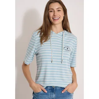 Kapuzenshirt CECIL, Damen, Gr. XL (44), blau (crystal mint), Jersey, Obermaterial: 87% Viskose, 10% Polyester, 3% Elasthan, gestreift, normal hüftlang, Rundhals, abgesteppte Kante, Shirts Kapuzenshirt, Streifenshirt, Kapuze mit doppelter Kordel, Viskosemix