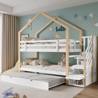 Etagenbett, 90 x 200 cm, mit drei Schubladen, Ohne Matratze,Natur/Weiß | Massivholz‐MDF, Treppe mit 3 Schubladen, Schiebebett, stabiles verstärktes Geländer, bis 120 kg belastbar, einfache Montage