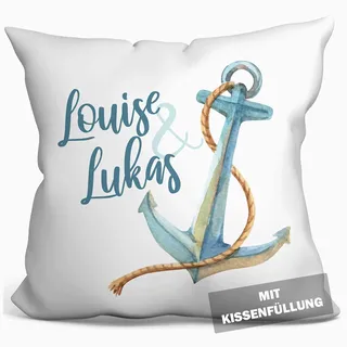 personalisierbares Kissen zur Hochzeit, Hochzeitskissen Anker Hochzeits-Geschenk Standesamt Kirchlich Freie Trauung, Kissenhülle mit Füllung, Kissen mit Namen und Datum weiß 40cm x 40cm (Anker)