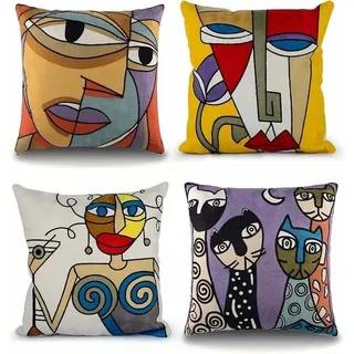 4er-set Picasso-kissenbezüge (45 X 45 Cm), Bestickt, Aus Baumwoll-leinen-mischgewebe, Für Sofa, Wohnzimmer, Schlafzimmer, Bett, Bürostuhl, Skandinavischer Stil, Abstraktes Vintage-gesichtsdesign In Bu