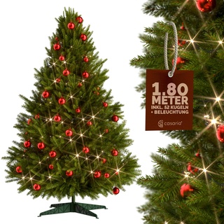 CASARIA® Weihnachtsbaum künstlich 180cm Lichterkette 60 LED warm weiß 52 Weihnachtbaumkugeln Rot Metallständer Weihnachten Christbaum Tanne PVC Grün