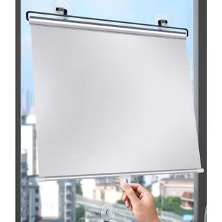 Rollo mit Saugnapf,Silber,Isolations-Verdunkelungsrollos,Temporäre Jalousien,Ohne Bohren,Verstellbarer Sonnenschutz,für Wohnzimmer,Küchen,Balkone,Wohnungen,Büros,Auto (45×125cm(18×49in))