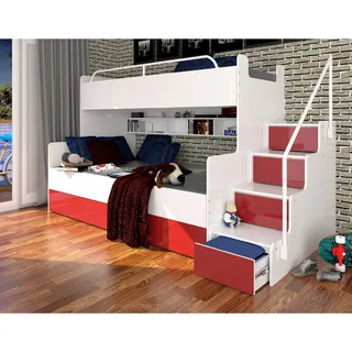 Marlux-Meble Hochbett Kinderbett JSM-3 mit Treppe 80x190 + 120x190 Hochglanz Kinderbetten Funktionsbett Etagenbett Stockbett Kinderhochbett Jugendhochbett (Rot Glanz)