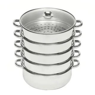 Donened 5-tlg Set Dampfkocher, Edelstahl Mantowarka Dampftopf mit Glasdeckel Dampfgarer Topf für Induktionsherd Große Kapazität Gardampfkochtopf (Ø26cm)
