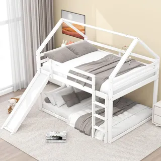 Moimhear Doppelbett Kinderbett 140x200cm, Hausbett Etagenbett mit Rutsche und Leiter, Kinderzimmer Hoch-Doppel-Stockbett (Weiß)