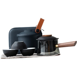 Folpus Reise-Teegeschirr-Set, Porzellan-Teetasse, chinesische -Teekanne, Teekanne mit Tee-Ei für Reisen, Schwarz