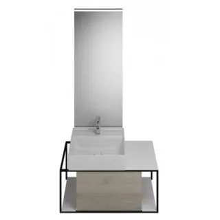 burgbad Junit Set Keramik-Waschtisch inklusive Waschtischunterschrank, Version rechts, inklusive Leuchtspiegel SFLF090, Breite: 900mm, SFLF090RF3151G0175, Farbe: Eiche Dekor Flanelle / Eiche Dekor