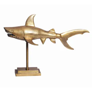 KADIMA DESIGN Dekofigur Hai Aluminium 70 cm mit Sockel im maritimen Stil, Gold 70x27x49 cm