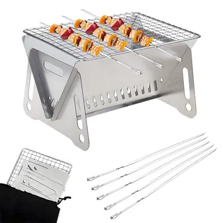 FZYCOM Camping Grill mit 5 Stück Fleischgabel, Klappgrill, Holzkohlegrill, BBQ Grill, Tischgrill, klappbarer Faltgrill, Outdoor Grill, Holzkohle Campinggrill, Picknick und Camping Grill
