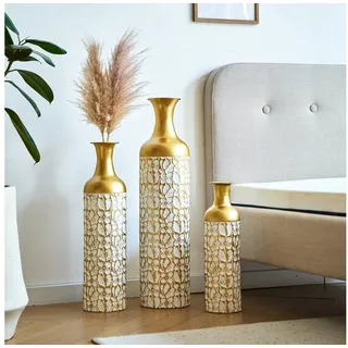 HAUSS SPOLE Bodenvase 3-tlg Metallvasen in Gold/Weiß mit Blumenmuster,Dekovasen Übertöpfe (Geeignet für Wohnzimmer, Flure und Hotels)