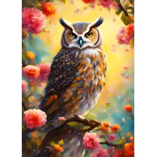 QQYRHN 5D Great Horned Owl Diamond Painting Kit für Erwachsene Wildblumen Diamant Kunst Kits Vollständiges DIY Wächter Diamantstickerei-Set Perfekt zur Entspannung und Dekor 30x40 cm