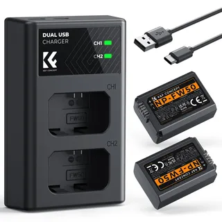 K&F CONCEPT NP-FW50 Kameraakku Ladegerät, 1100mAh Batterie 2 Pack Ladeset für Sony ZV-E10 A6000, A6500, A6300, A6400, A7, A7II, A7RII, A7SII, A7S, A7S2, A7R, A7R2, A55, A5100, A5000,A3000, A55,RX10