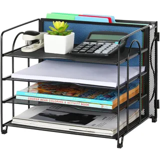 TQVAI Briefablage 4 Fächer mit Hängeregistratur Ablage Metall Dokumentenablage A4 Schreibtisch Organizer Papierablage Zeitschriftensammler Zubehör Organizer für Büro Zuhause Schule, Schwarz